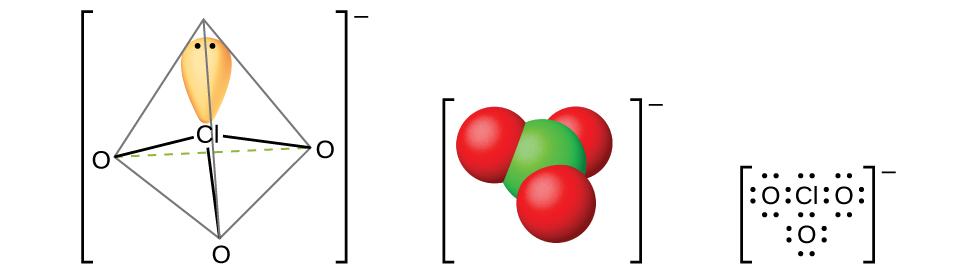 Three models of molecules are shown, each surrounded by brackets and each with a superscript negative sign outside the brackets. The left molecule shows a chlorine atom with one orbital occupied by a lone pair of electrons. The chlorine atom is single bonded to three oxygen atoms, all of which are located at 109.5 degree angles from one another. The center molecule shows a space-filling model with a green atom labeled, “C l,” bonded to three red atoms labeled, “O.” The right molecule is a Lewis structure of a chlorine atom with a lone pair of electrons surrounded by three oxygen atoms, each with four lone pairs of electrons.