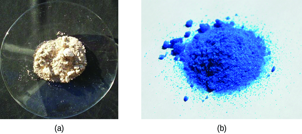 Two photos are shown. Photo a on the left shows a small mound of a white crystalline powder on a watch glass. Photo b shows a small mound of a bright blue crystalline powder.