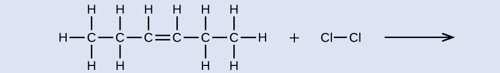 This shows a C atom bonded to three H atoms and another C atom. This second C atom is bonded to two H atoms and a third C atom. This third C atom is bonded to one H atom and also forms a double bond with a fourth C atom. This fourth C atom is bonded to one H atom and a fifth C atom. This fifth C atom is bonded to two H atoms and a sixth C atom. This sixth C atom is bonded to three H atoms. There is a plus sign followed by a C l atom bonded to another C l atom. There is a reaction arrow. no products are shown.