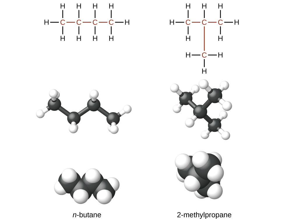 The figure illustrates three ways to represent molecules of n dash butane and 2 dash methlylpropane. In the first row of the figure, Lewis structural formulas show element symbols and bonds between atoms. The n dash butane molecule shows 4 carbon atoms represented by the letter C bonded in a straight horizontal chain with hydrogen atoms represented by the letter H bonded above and below all carbon atoms. H atoms are bonded at the ends to the left and right of the left-most and right-most C atoms. In the second row, ball-and-stick models are shown. In these representations, bonds are represented with sticks, and elements are represented with balls. Carbon atoms are black and hydrogen atoms are white in this image. In the third row, space-filling models are shown. In these models, atoms are enlarged and pushed together, without sticks to represent bonds. The molecule names are provided in the fourth row.