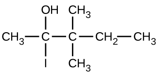 This shows a C H subscript 3 group bonded to a C atom. The C atom is bonded to an O H group and an I atom. It is also bonded to a second C atom. This second C atom is bonded above and below to a C H subscript 3 group. The second C atom is bonded to a C H subscript 2 group with is bonded to a C H subscript 3 group.