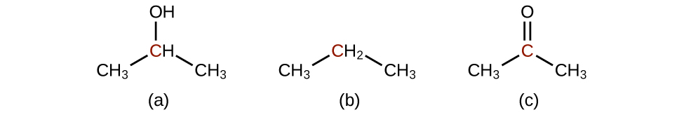 Structure a shows a C H subscript 3 group bonded up and to the right to a C H group which is bonded down and to the left to a C H subscript 3 group. Above the C H group is bonded an O H group. The C in the C H group is red. Structure b shows a C H subscript 3 group bonded up and to the right to a C H subscript 2 group which is bonded down and to the right to a C H subscript 3 group. The C in the C H subscript 2 group is red. Structure c shows a C H subscript 3 group bonded up and to the right to a red C atom. This C atom forms a double bond with an O atom above it. The C atom also forms a bond with a C H subscript 3 group down and to the right.