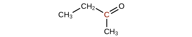 A molecular structure is shown with a C H subscript 3 group which is bonded up and to the right to a C H subscript 2 group. The C H subscript 2 group is bonded down and to the left to an C atom. This C atom appears in red. The C atom forms a double bond with an O atom up and to the right. The C atom also forms a single bond to a C H subscript 3 group which appears directly below it.