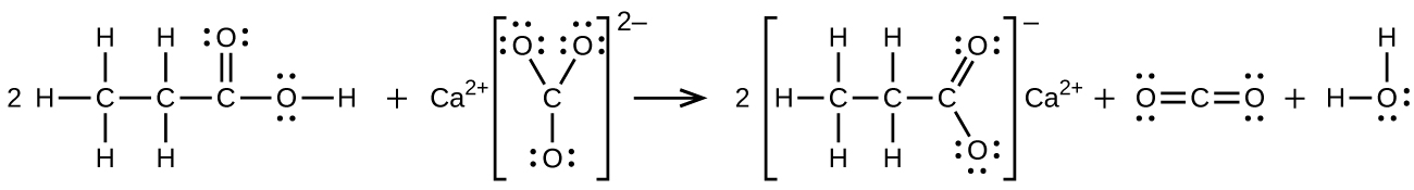 A reaction is shown. There is a 2 in front of the first molecular structure. This first structure shows a C atom bonded to three H atoms and another C atom. This second C atom is bonded to two H atoms and a third C atom. This third C atom forms a double bond with an O atom and a single bond with another O atom. This second O atom forms a single bond with an H atom. Both O atoms have two pairs of electron dots. There is a plus sign and C a superscript 2 plus sign. Beside the C a superscript 2 plus sign is a set of brackets. Inside the brackets is a central C atom bonded to three O atoms. Two O atoms have three pairs of electron dots, and one O atom has two pairs of electron dots. A 2 minus sign appears as a superscript to the brackets. There is an arrow pointing right. There is a 2 and a set of brackets. Inside the brackets is a C atom bonded to three H atoms and another C atom. This C atom is bonded to two H atoms and a third C atom. This C atom is bonded to two O atoms. One O atom has two pairs of electron dots, and one O atom has three pairs of electron dots. Outside the brackets a minus sign appears as a superscript. C a superscript 2+ also appears beside the brackets. There is a plus sign. The next molecular structure shows a C atom that forms two sets of double bonds with two O atoms. Each O atom has two pairs of electron dots. There is a plus sign. The final molecular structure shows an O atom bonded to two H atoms. The O atom has two pairs of electron dots.