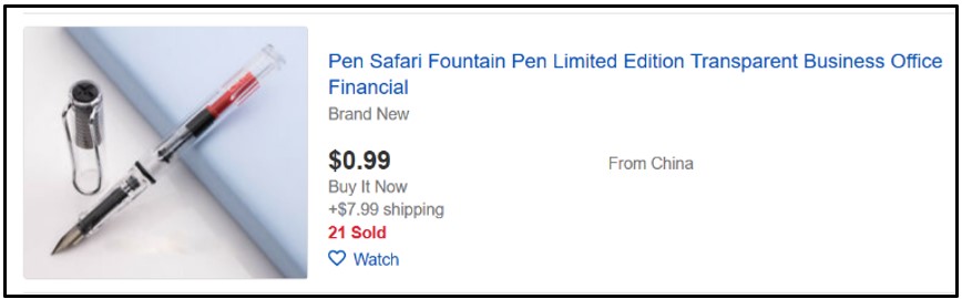 Shows an Ebay lisiting for a counterfeit Lamy Safari pen