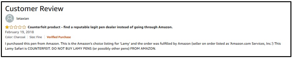 Amazon review stating that the product was a counterfeit