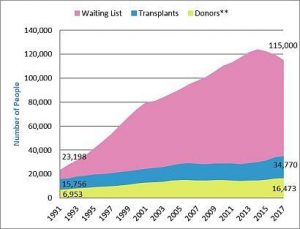 This graph displays the changing number of organ donors (green), transplants completed (blue), and patients on the waiting list (pink) from 1991 to 2017 in the US.