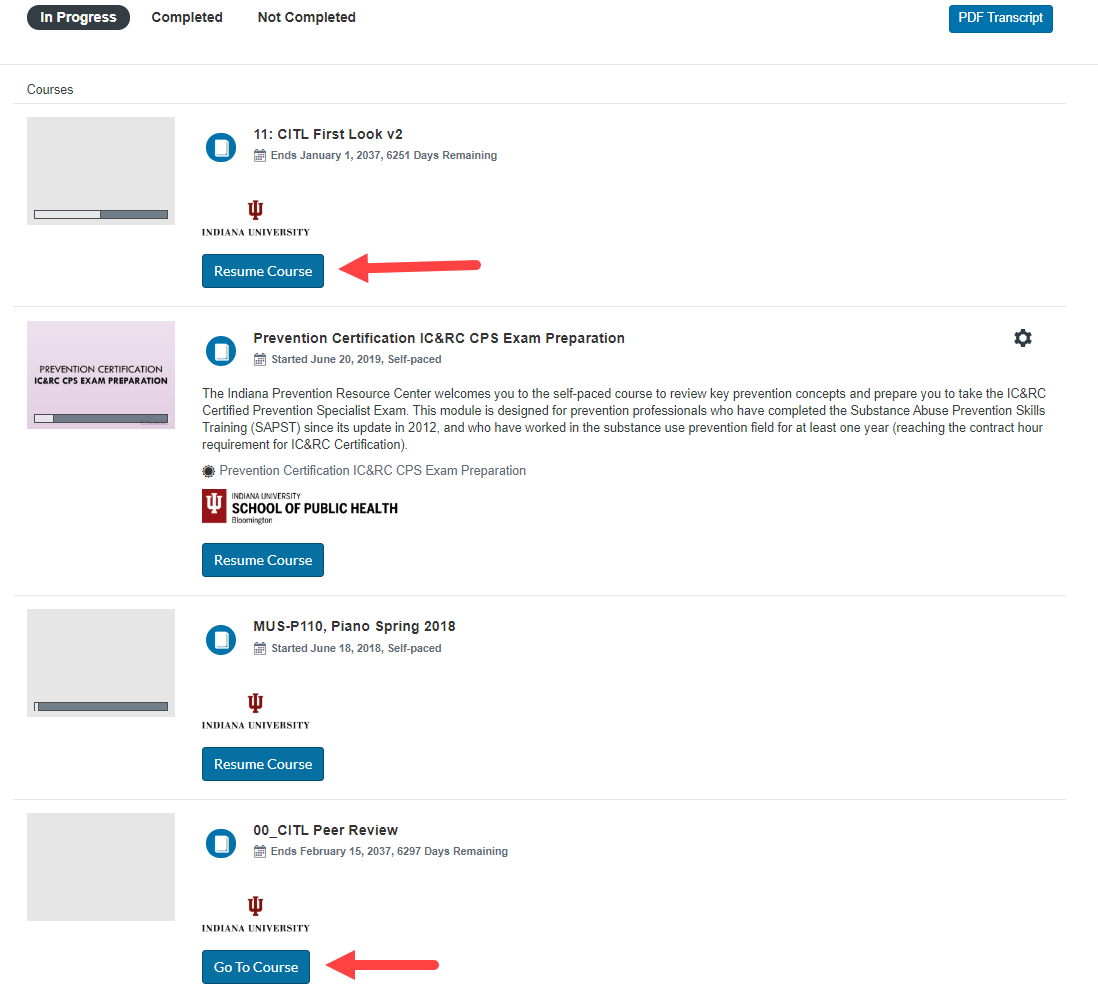 Screenshot of courses under the IN Progress tab on the Student Dashboard with arrows highlighting the Resume Course and Go To Course buttons