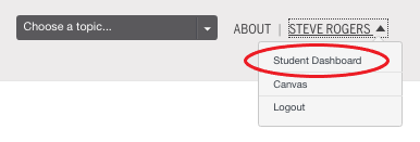 Screenshot of the dropdown menu under your name, with Student Dashboard circled