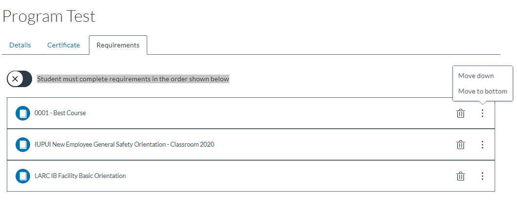 List of courses that are requirements in a program.