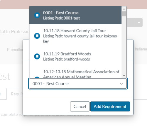 View of the dropdown menu for adding course requirements with titles being added.