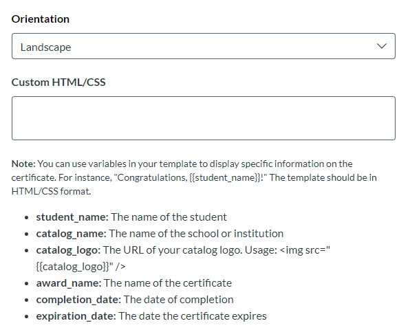 Screenshot of the field to enter custom HTML/CSS for a certificate