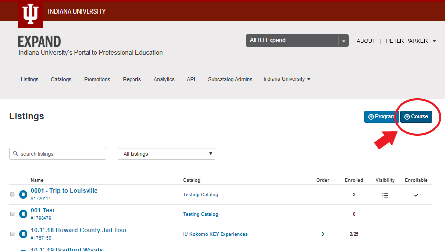 Screenshot of the Listings home page with the +Course button circled