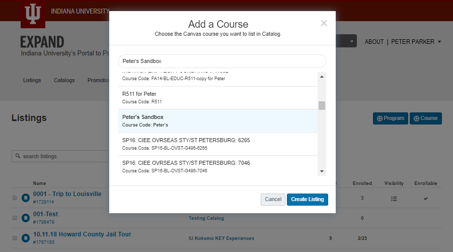 Screenshot of an example course being selected in the 'Add a Course' popup box