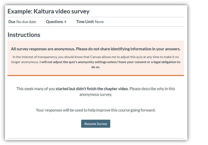 a screenshot of a quiz in Canvas with the title "Example: Kaltura video survey"