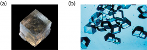 (a) a large crystal of sodium chloride; (b) space-grown crystals of insulin