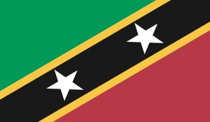 National Flag of St Kitts-Nevis. The top left corner is solid green bordered by a thin diagonal gold strip. Next is is a thick black diagonal strip overlaid with two white stars, bordered by a thin gold strip. The bottom right corner is solid red.