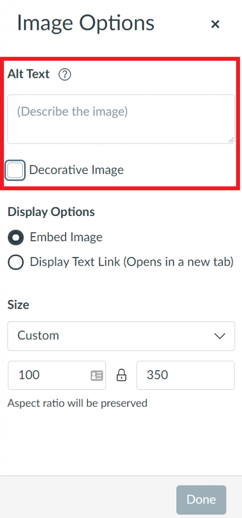 The Canvas image editor sidebar with alt text options highlighted.