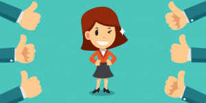 decorative image: a confident figure in professional dress, smirking, while six thumbs up show approval
