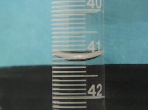 A buret with liquid just under the 41 mL mark