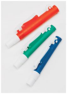 Three pipet fillers. There is a dial on the side of the tube