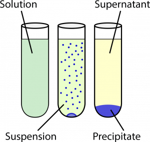 A: a homogeneous liquid (solution). B: a clearer liquid with dots in the suspension with some stuff gathering at the bottom. C: Clear liquid (supernatant) with a precipitate at the bottom.