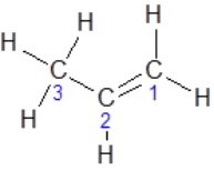 The Lewis structure of H2C=CH-CH3. The C on the double bond end is atom 1.