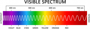 The visible spectrum with colors and wavelengths.