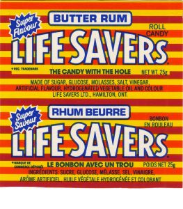 An old butter rum flavor Life Savers candy wrapper.