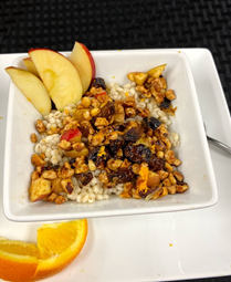 barley in bowl with fruit and nuts