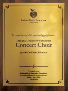 Photo of plaque presented to the IU Southeast Concert Choir